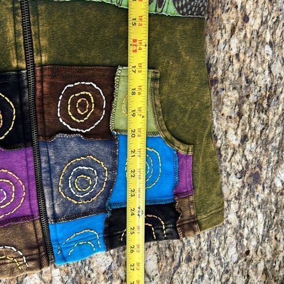 Rising International Bohemian Hippie Green Cotton Patchwork Zip Hoodie Size S - Picture 9 of 9